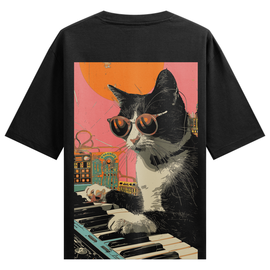 Musical Aesthetic Cat Back Print Oversized T-Shirt