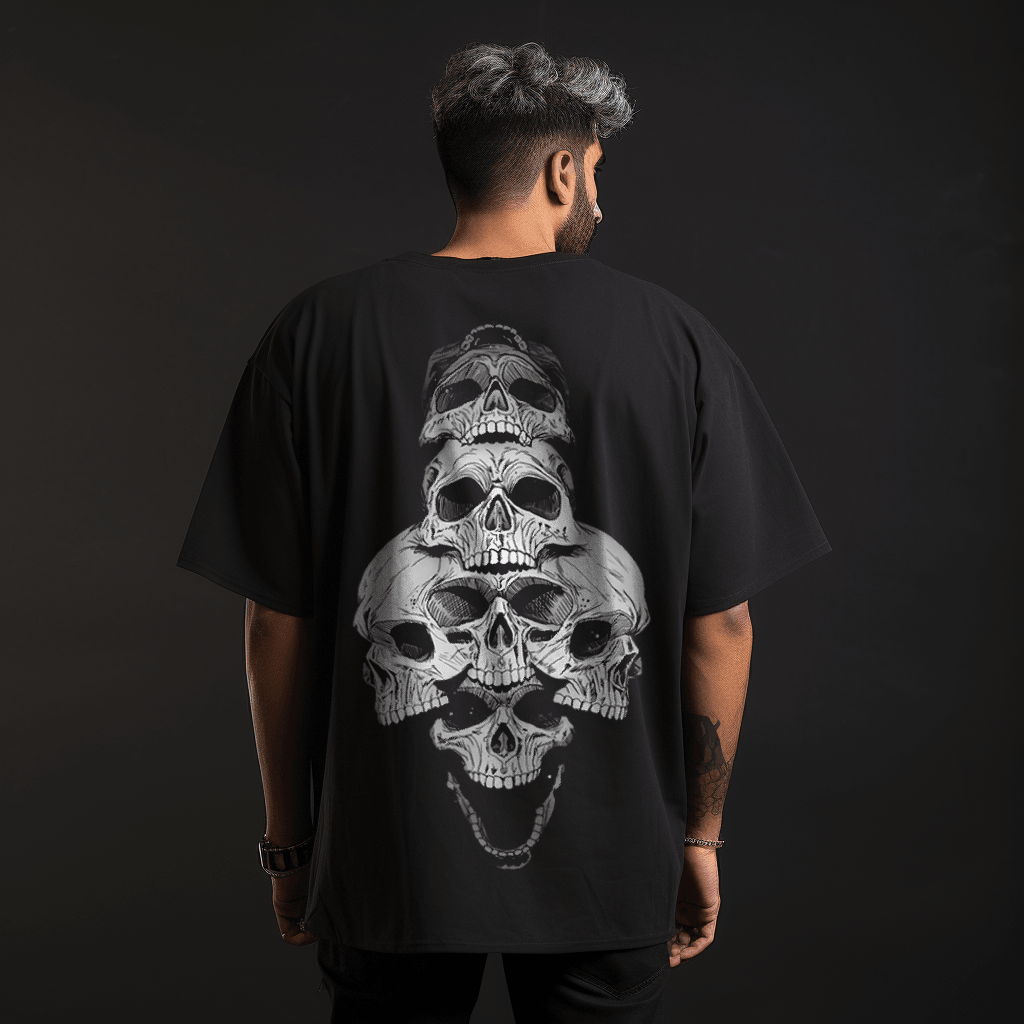 Back Print PRDGY SKULLS Oversized T-Shirt - PRDGY